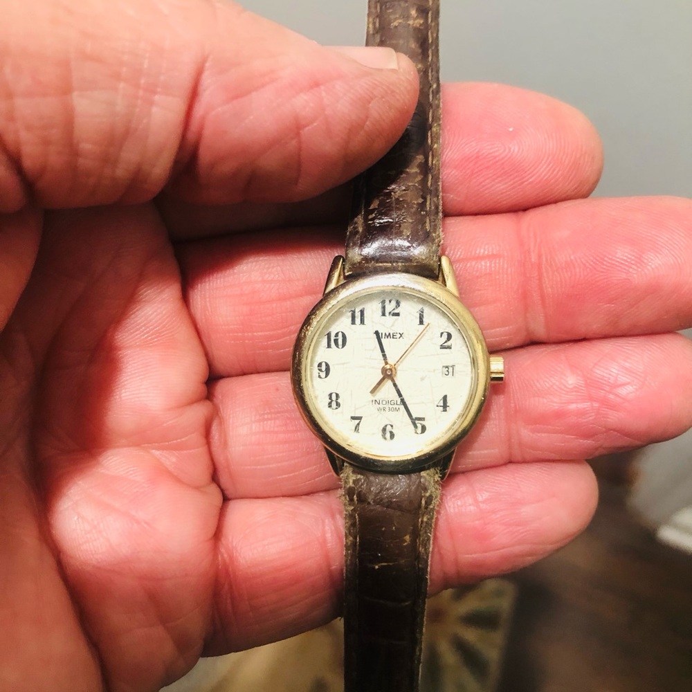 Timex Gold Case with Dark Brown Strap Watch